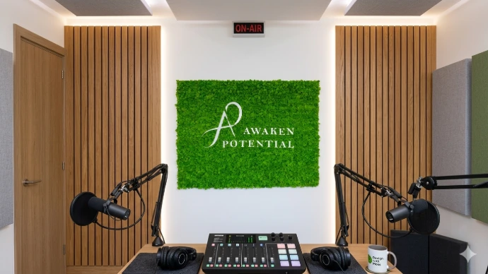 Logo Instalation witrh reindeer Moss for Awaken Potential Podcast studio, Paphos, Cyprus