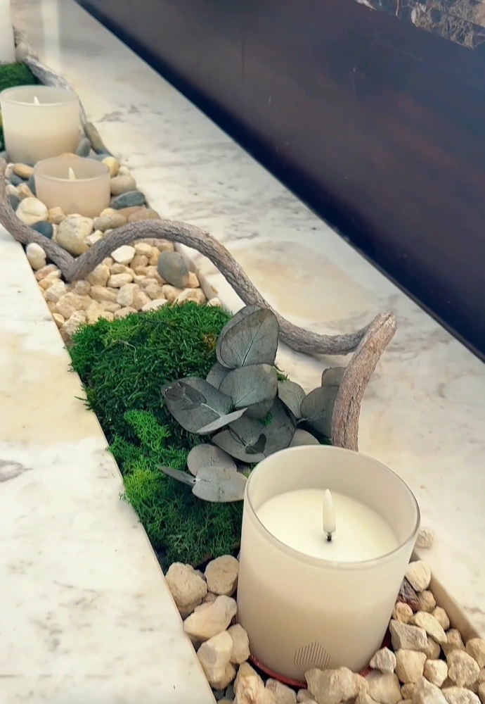 Close-up of preserved moss, natural foliage and botanical elements used in a bespoke biophilic design