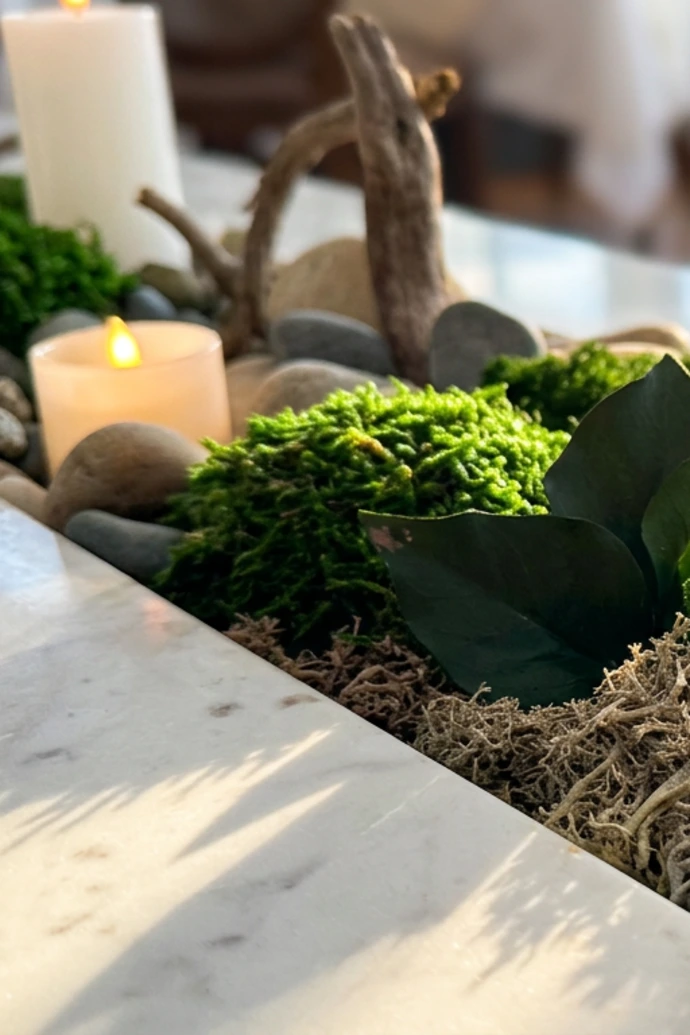 Bespoke moss and preserved plant arrangement designed for a high-traffic interior space